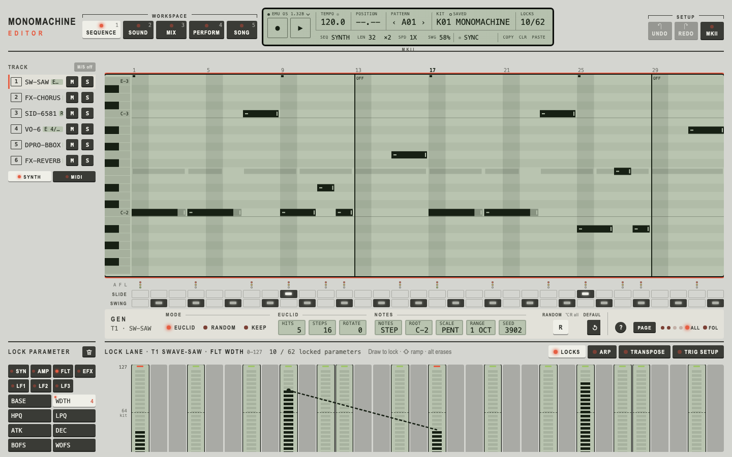 Editor screenshot: the Monomachine Editor's Sequence workspace, MKII.